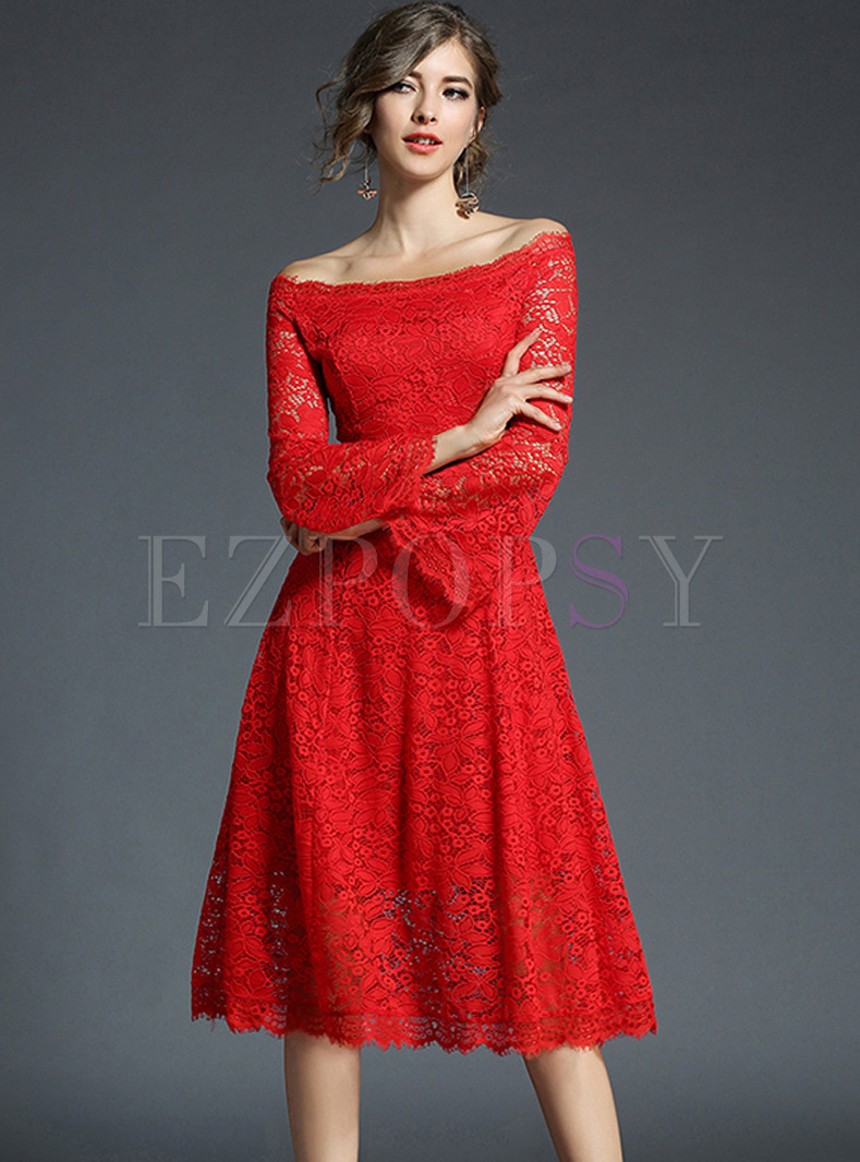 Red Elegant Lace Off Shoulder A-line Dress