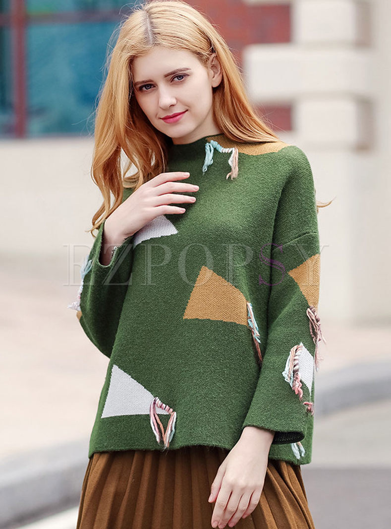 Green Stand Collar Color-blocked Sweater