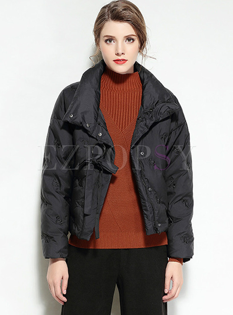 Turtle Neck Embroidery Short Long Sleeve Down Coat