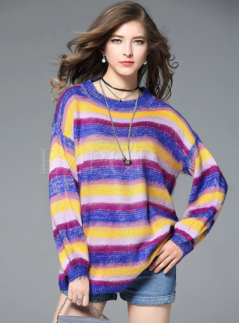 Chic Color-blocked Bat Sleeve Loose Sweater
