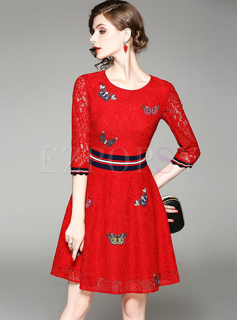 Dresses | Skater Dresses | Red Lace Butterfly Design Skater Dress
