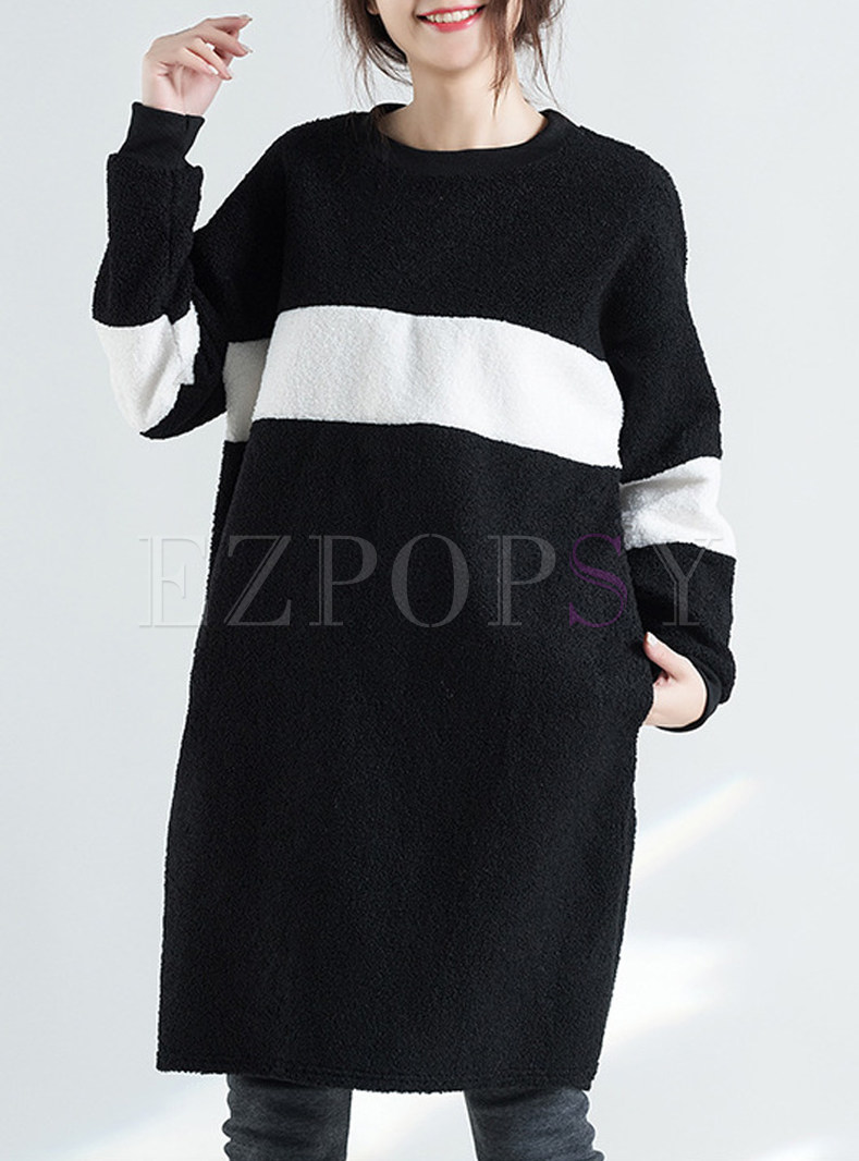 Hit Color Striped Lantern Sleeve Knitted Dress