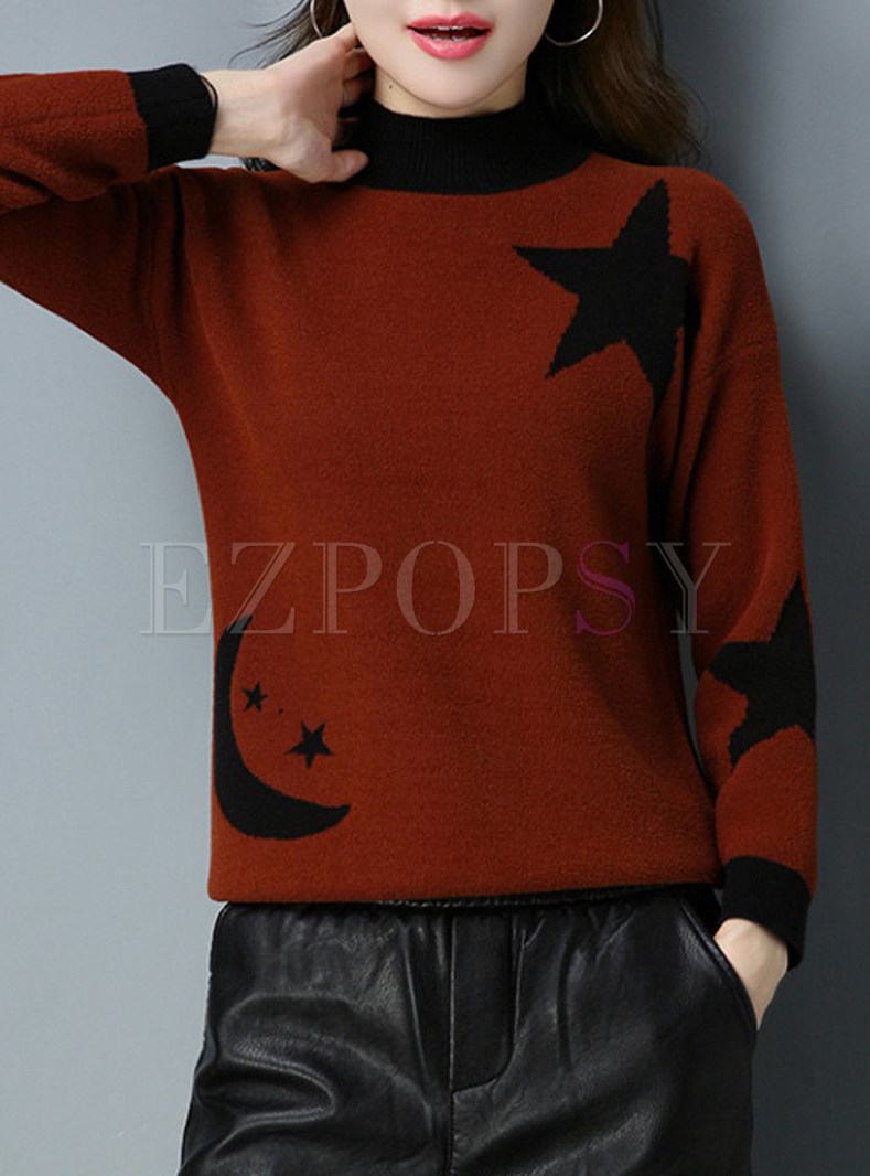 Brief Star Pattern Turtle Neck Knitted Sweater