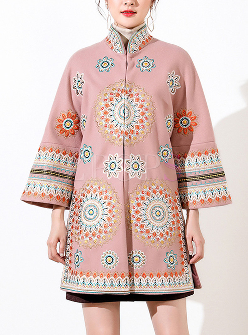 Ethnic Embroidery Stand Collar Woolen Coat