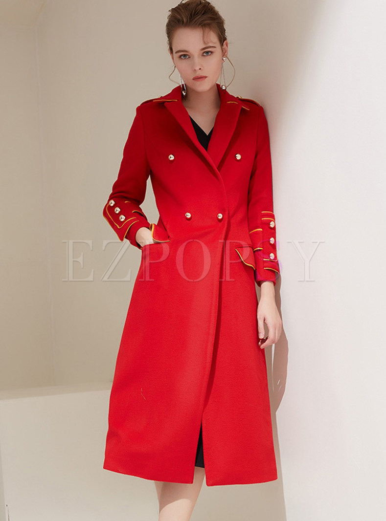 Red Slim Turn Down Collar Woolen Coat