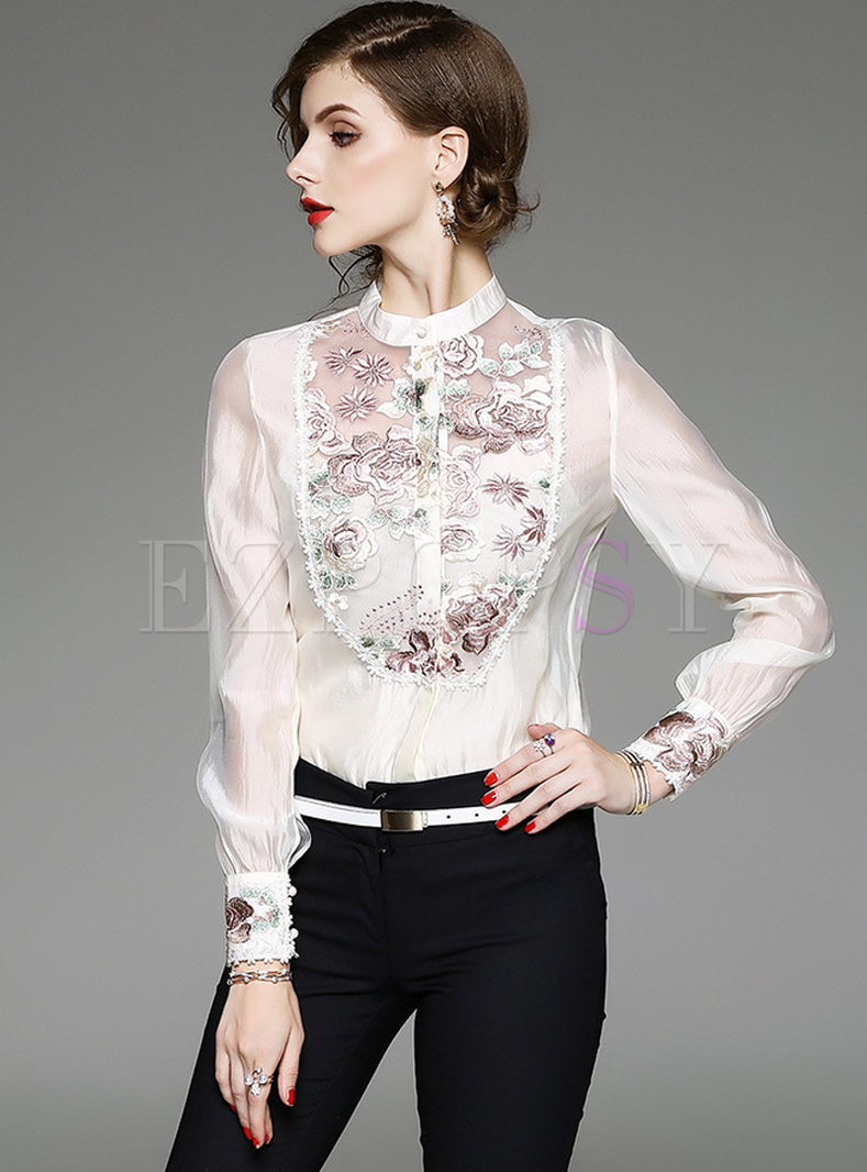 Elegant Embroidery Patched Slim Blouse