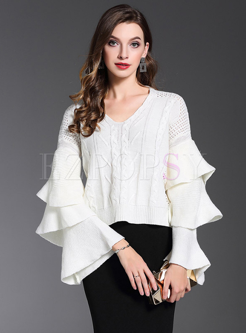 White Layered Flare Sleeve V-neck Sweater