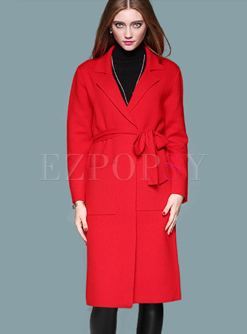 Work Turn Down Collar Belted Knitted Coat