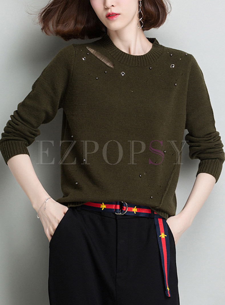 Nail Bead Hole O-neck Knitted Sweater