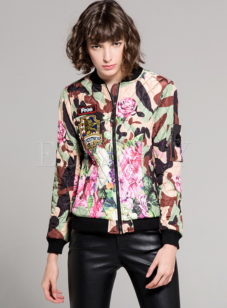 Floral Print Stand Collar Thicken Jacket