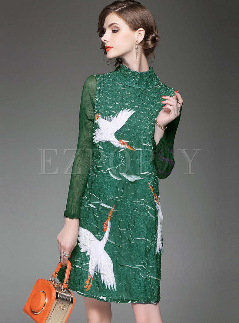 Dresses | Shift Dresses | Green Animal Pattern Print Stand Collar Shift  Dress