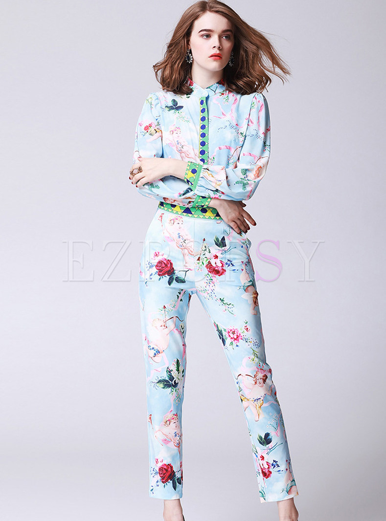 Floral Print Turn Down Collar Two-piece Outfits