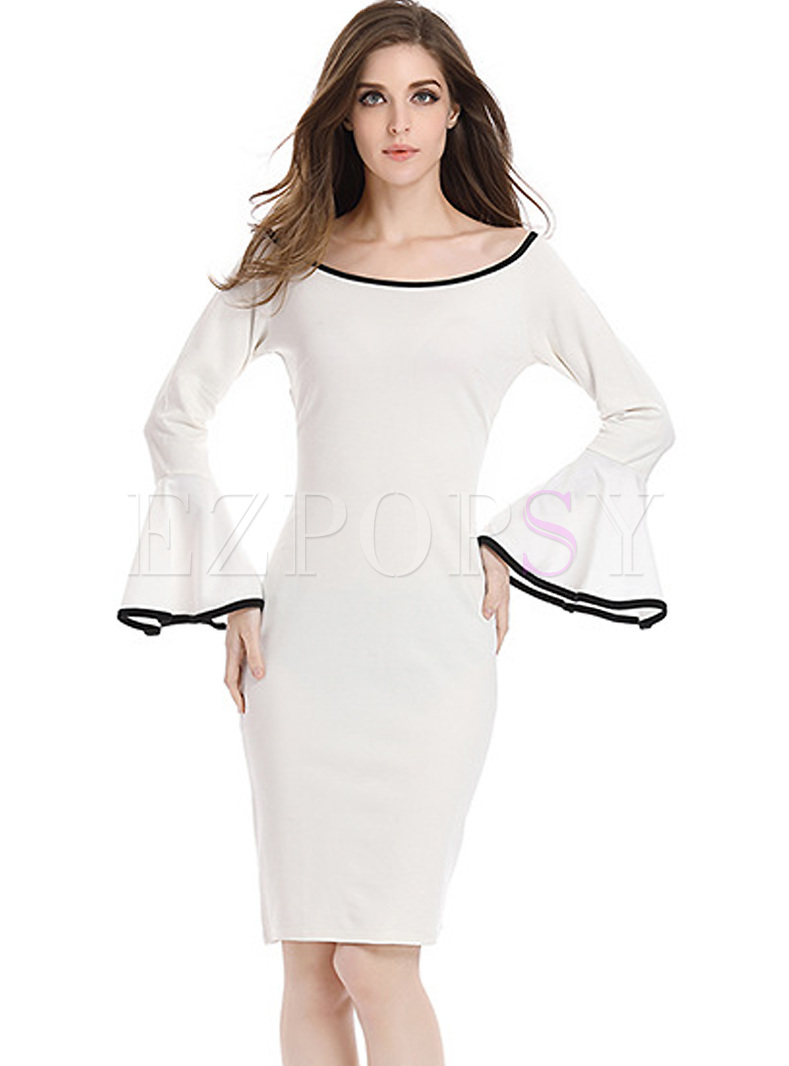 Dresses | Bodycon Dresses | White O-neck Flare Sleeve Bodycon Dress
