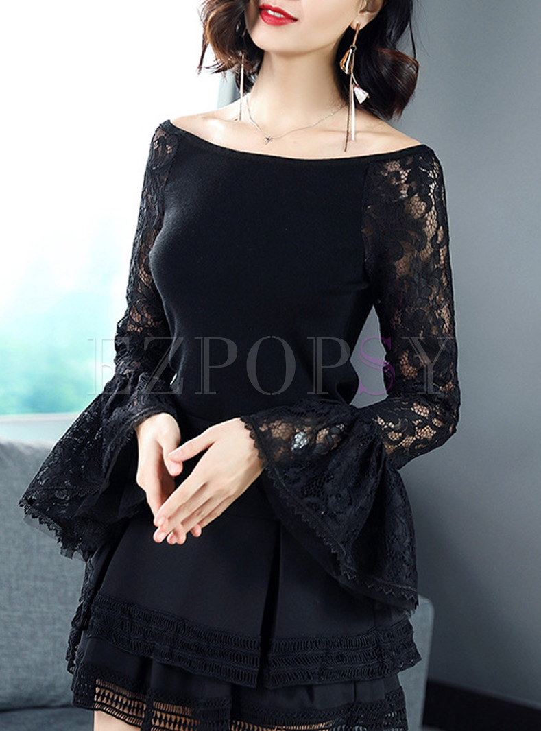 Black Lace Hollow Out Splicing Knitted Top