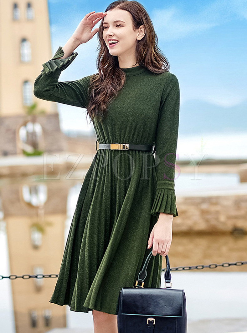 Chic Belted Flare Sleeve Pleated Skater Dress