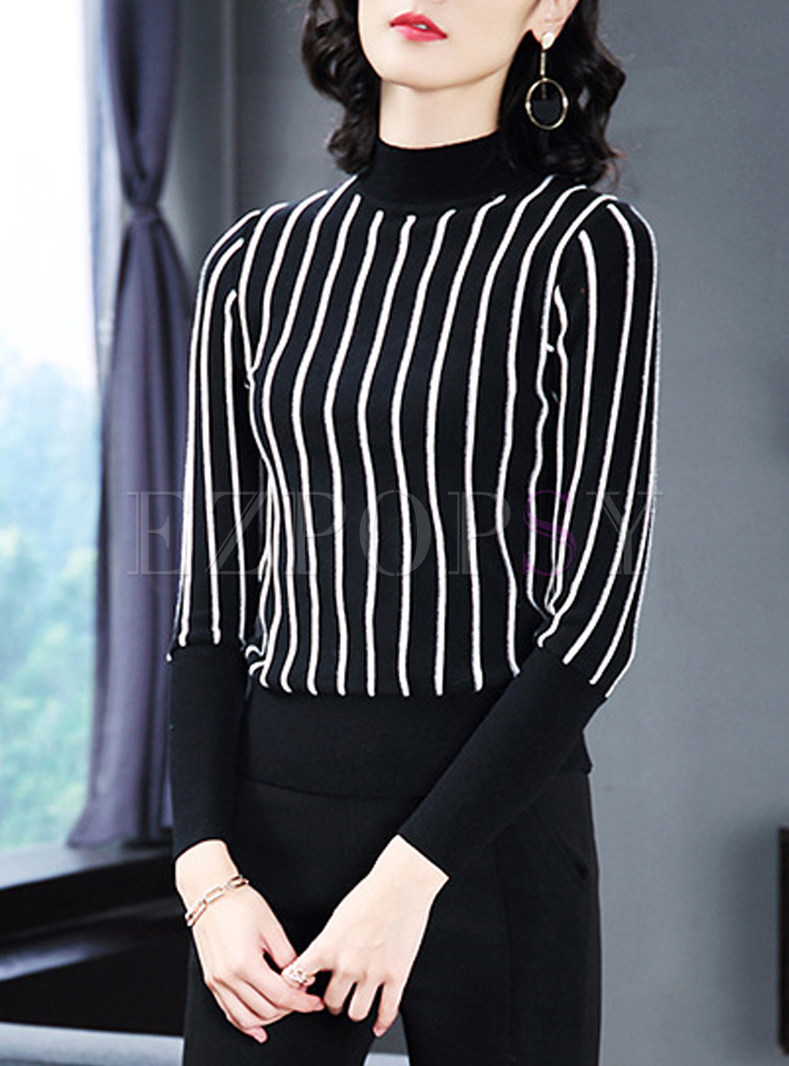 Striped Contrast Color Stand Collar Knitted Sweater