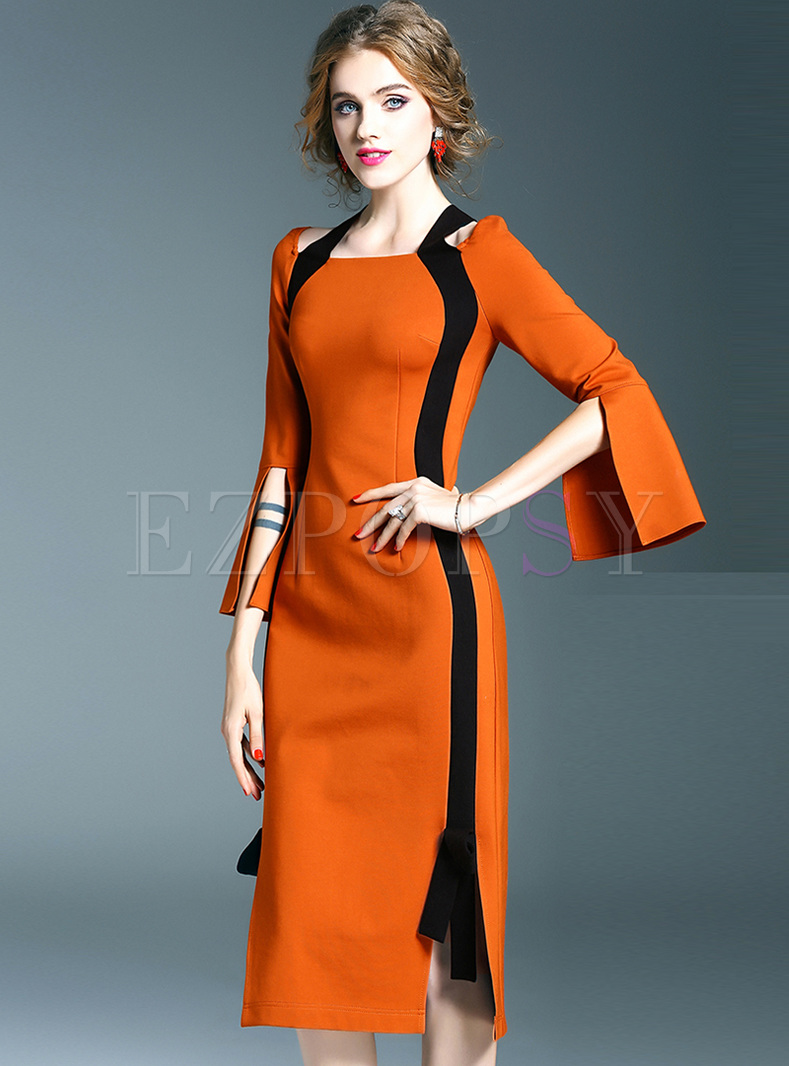 Dresses | Bodycon Dresses | Elegant Color-blocked Split Flare Sleeve ...