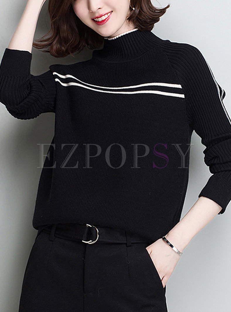 Brief Striped Stand Collar Knitted Sweater