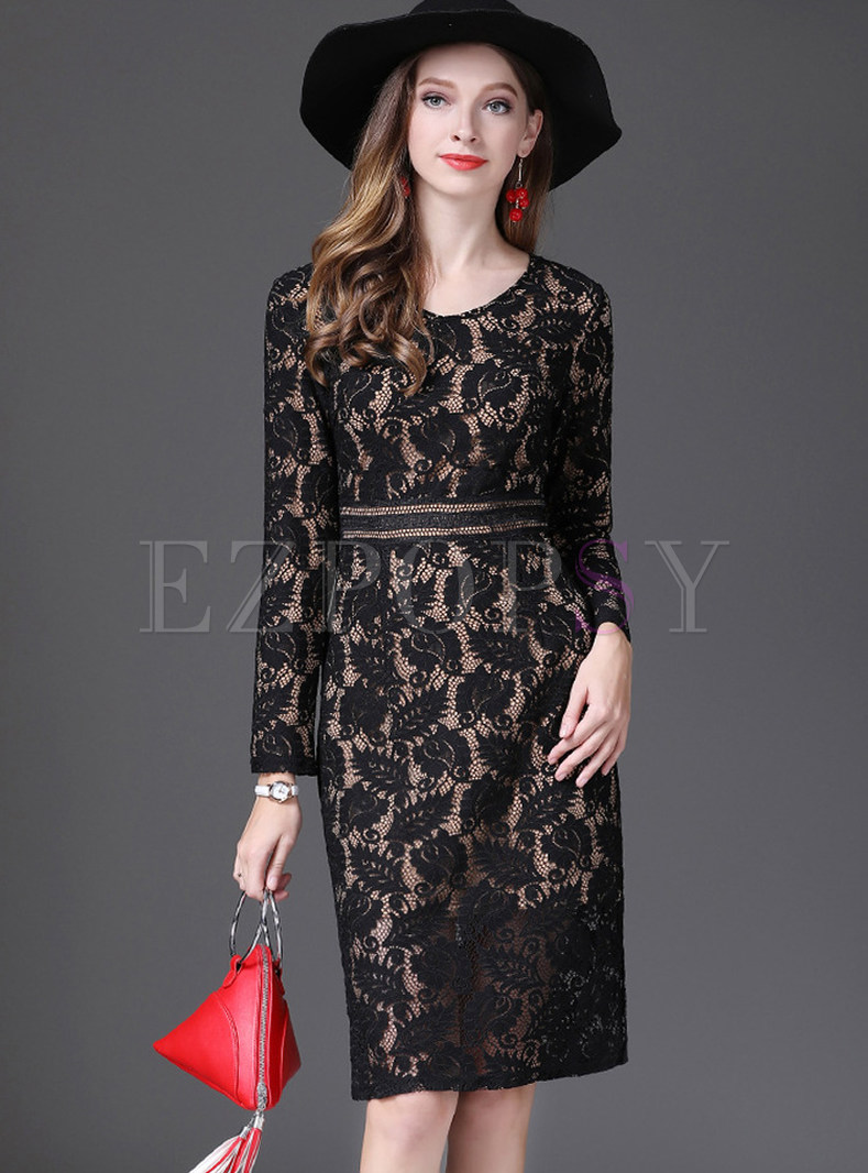 Black Sexy Lace Long Sleeve Bodycon Dress