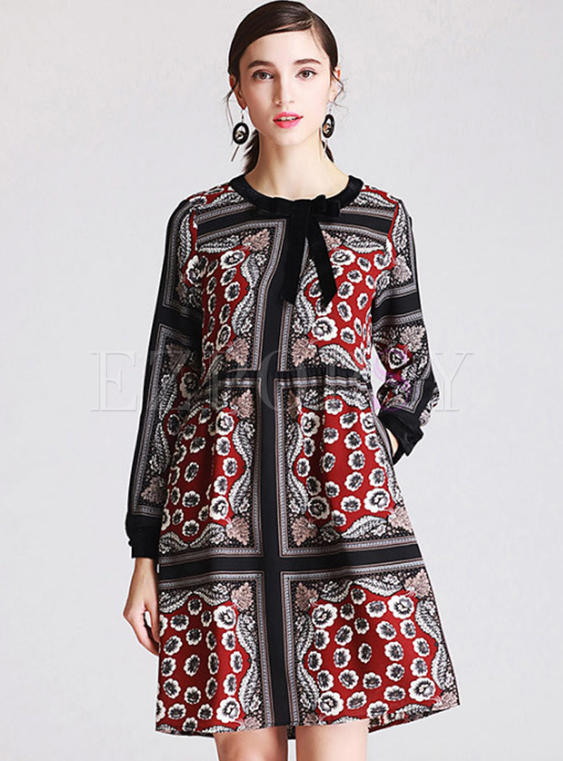 Ethnic Silk O-neck Print Shift Dress