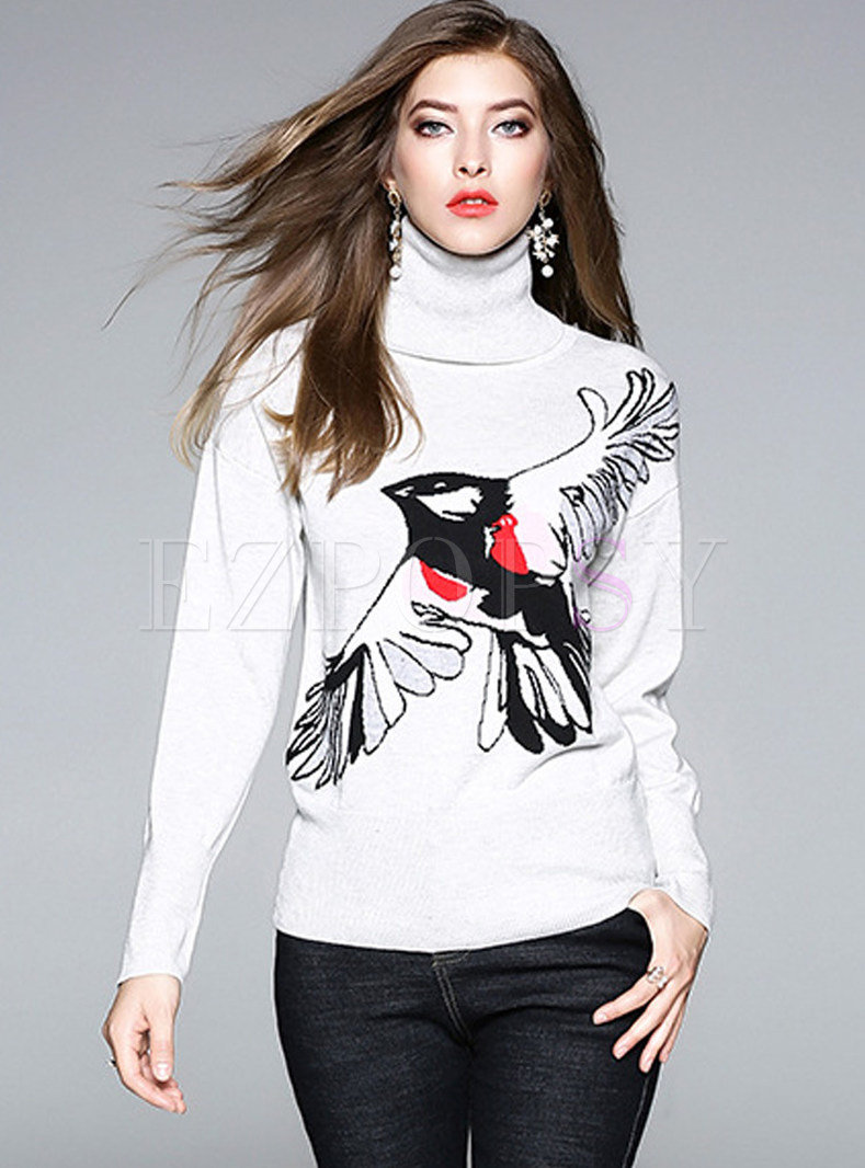 Owl Design Cashmere Turtle Neck Sweater