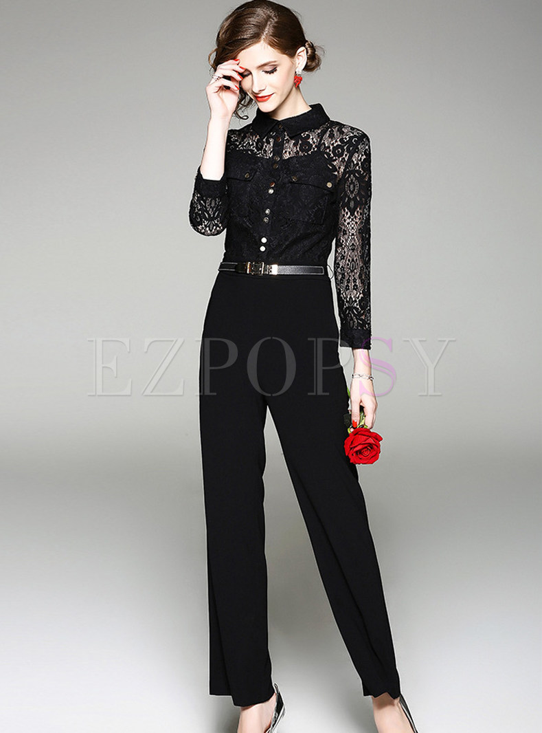 Black Hollow Out Lace Belted Jumpsuits