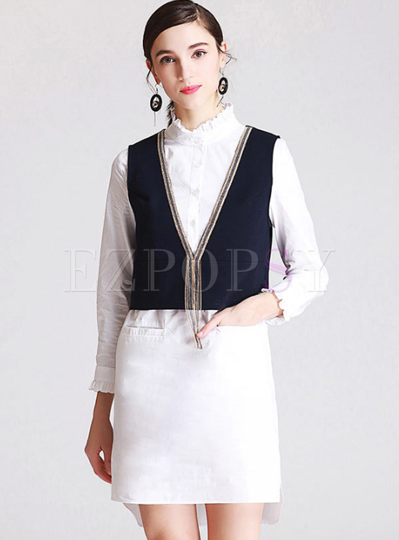 White Lotus Leaf Collar Dress With V-neck Vest