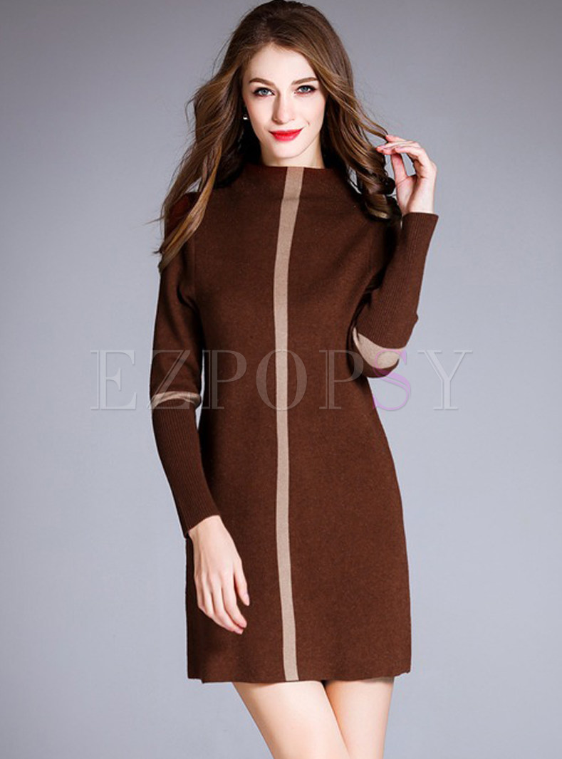Striped Hit Color Turtle Neck Knitted Dress