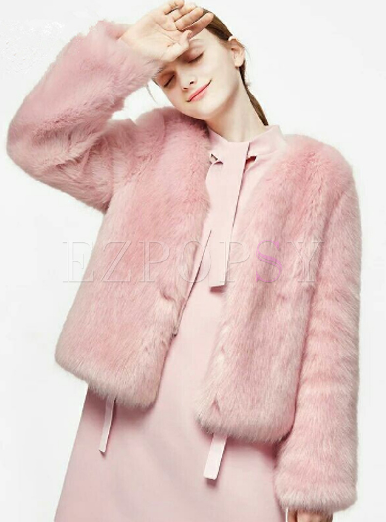 Pink O-neck Straight Coat