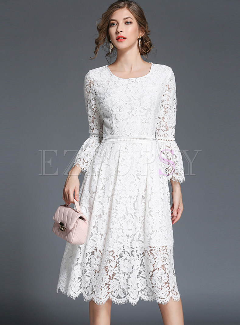 Lace Hollow Out Flare Sleeve Skater Dress