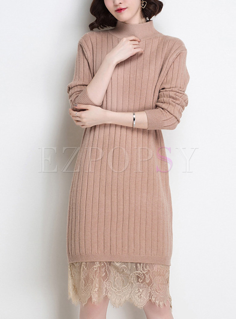 Lace Splicing Thicken Knitted Dress