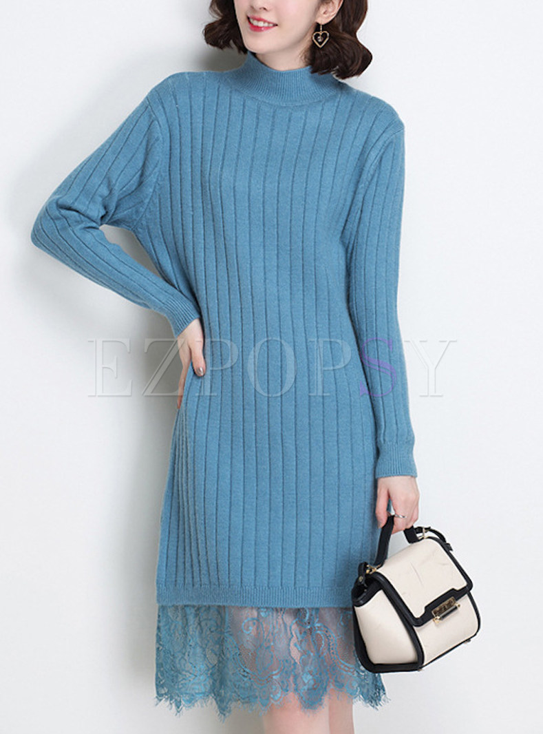 Lace Splicing Thicken Knitted Dress