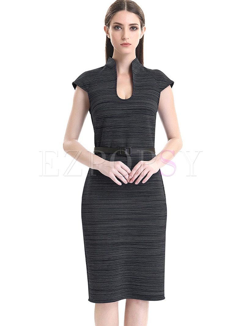 Stylish Striped Belted Sleeveless Bodycon Dress