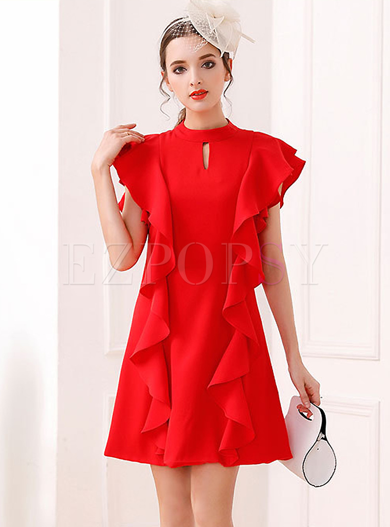 Red Elegant Falbala Sleeveless Shift Dress