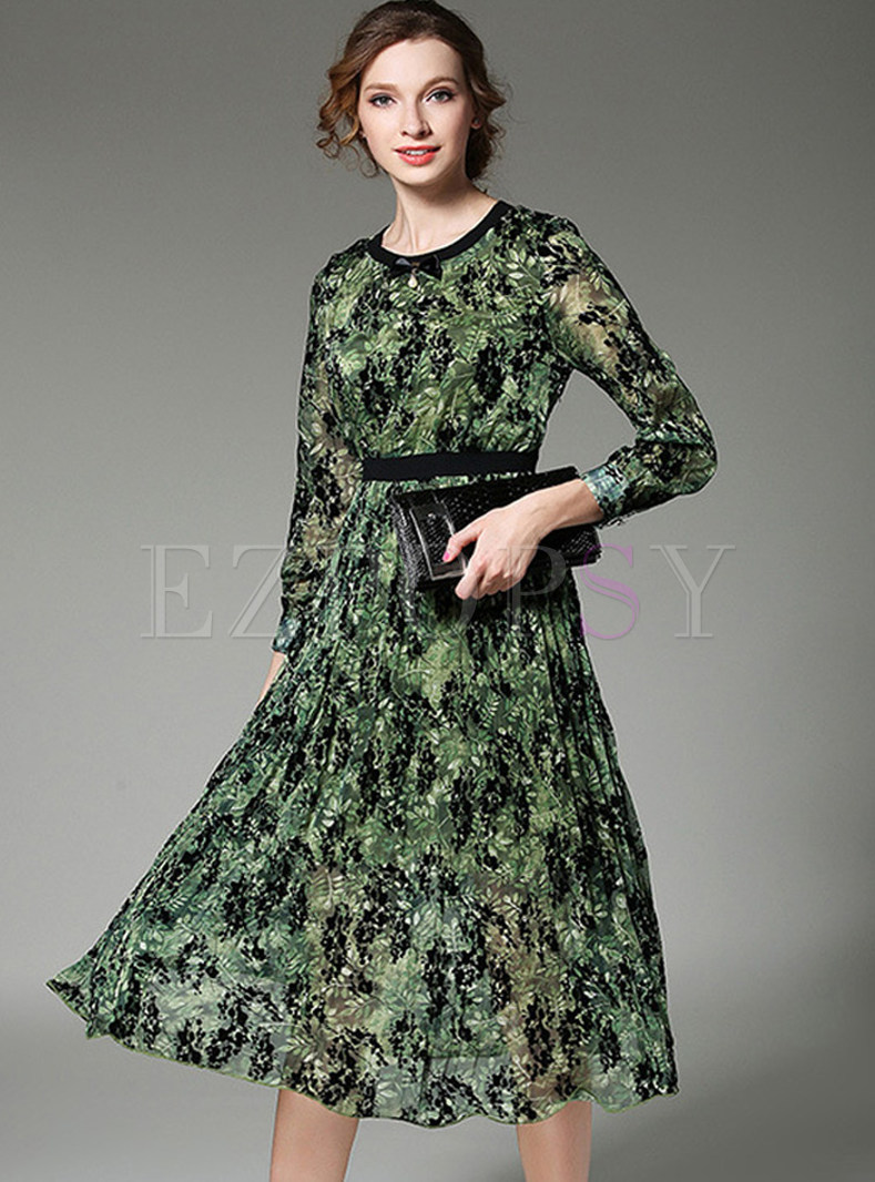Dresses | Skater Dresses | Green Print Gathered Waist A-line Pleated Dress