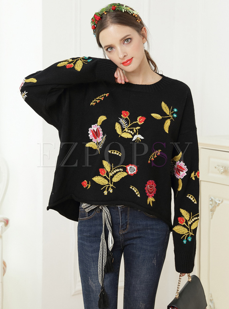 Chic Embroidery Bat Sleeve Sweater