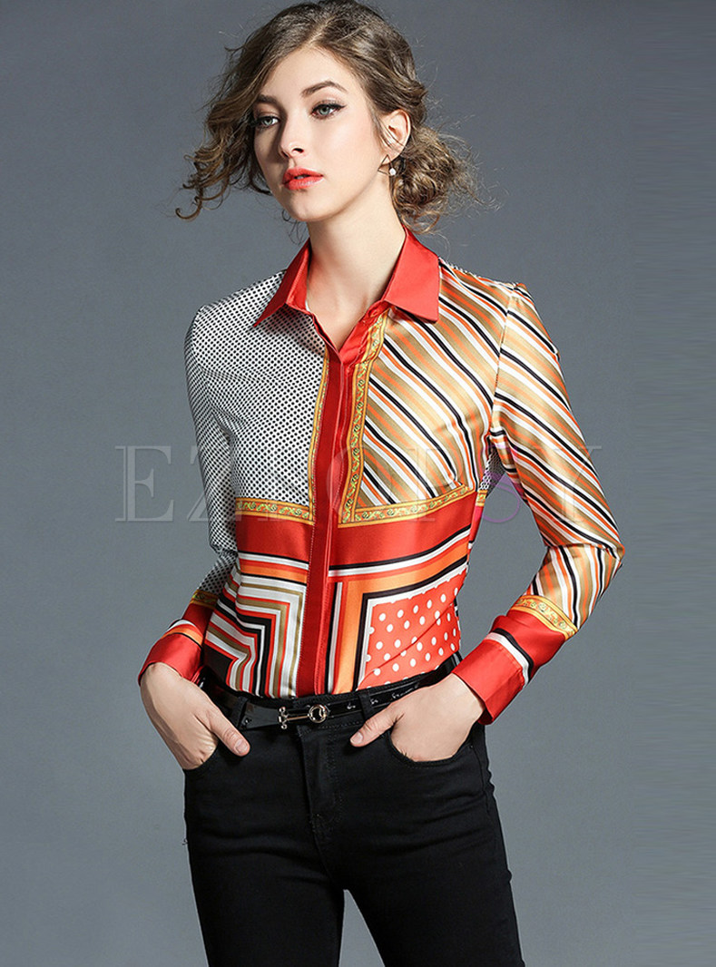 Stylish Color-blocked Turn Down Collar Blouse