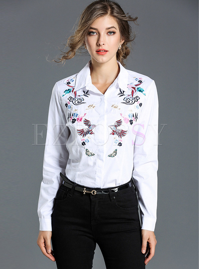 White Embroidered Fashion Long Sleeve Blouse