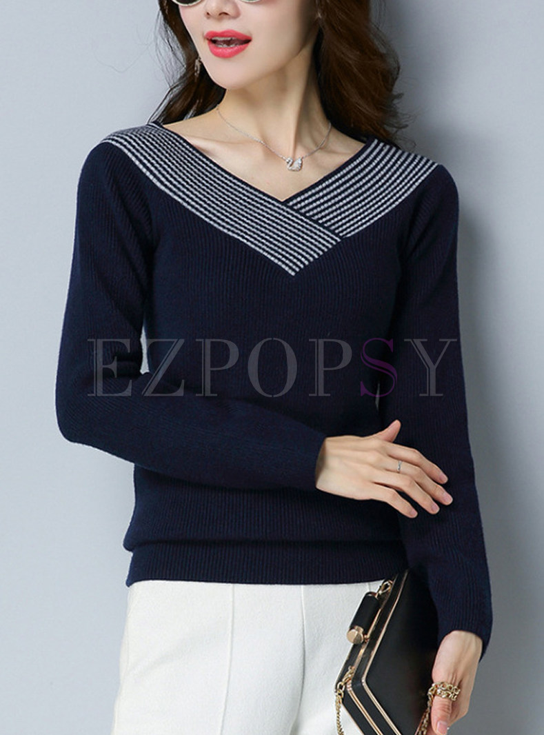 Stylish V-neck Striped Slim Knitted Sweater