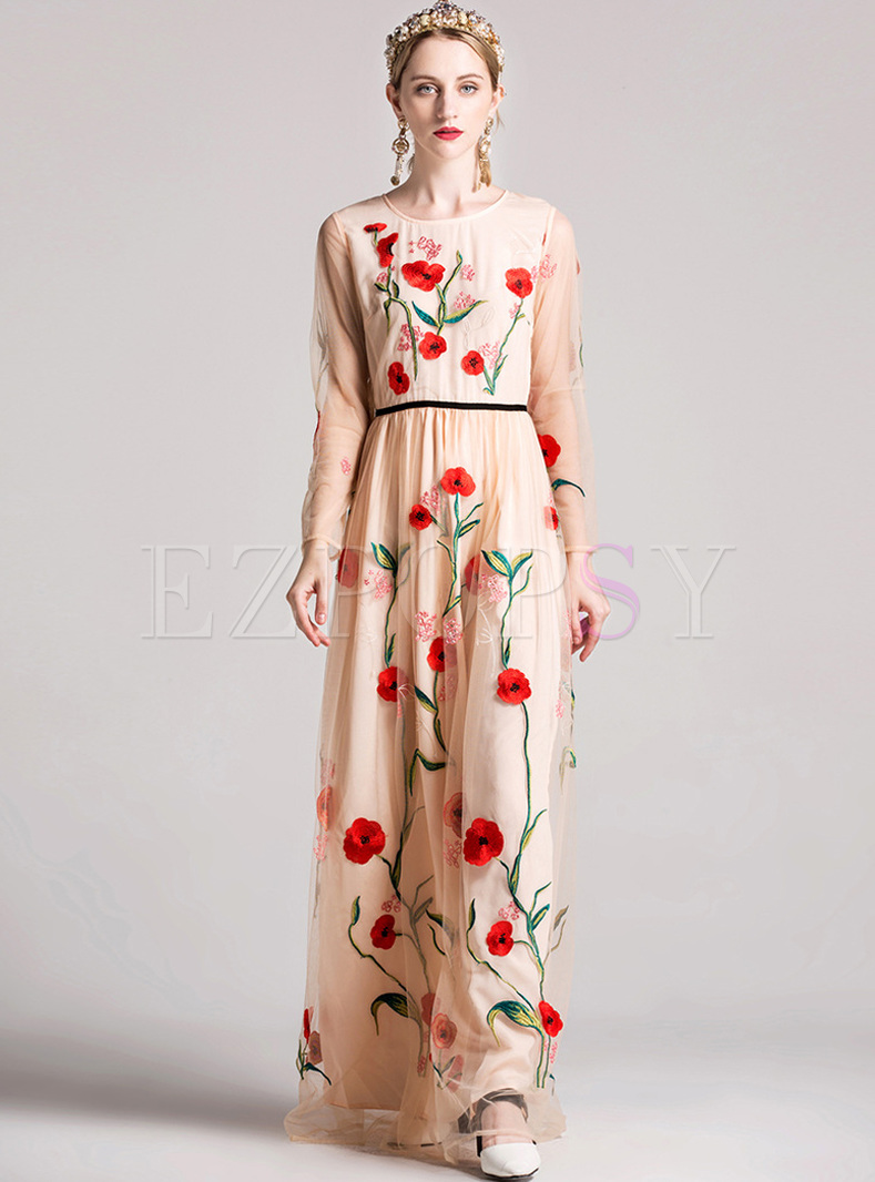 Elegant Embroidery Mesh Slim Maxi Dress