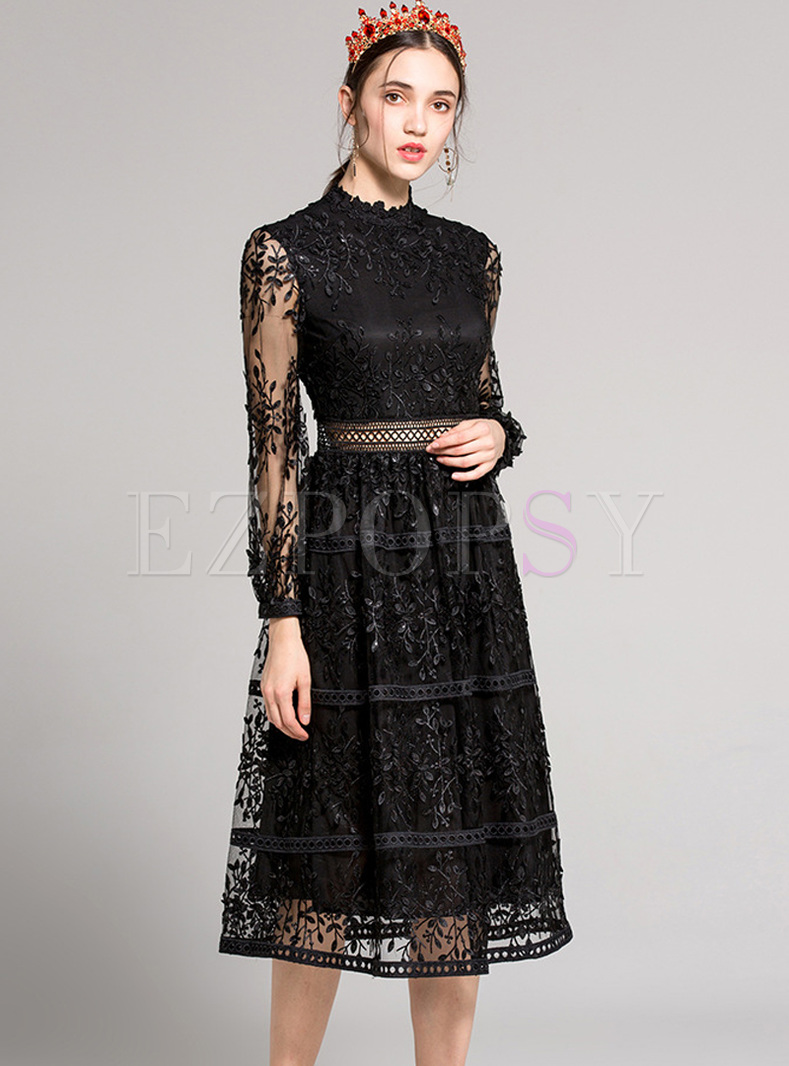 Dresses | Skater Dresses | Black Perspective Mesh Embroidery A-line Dress