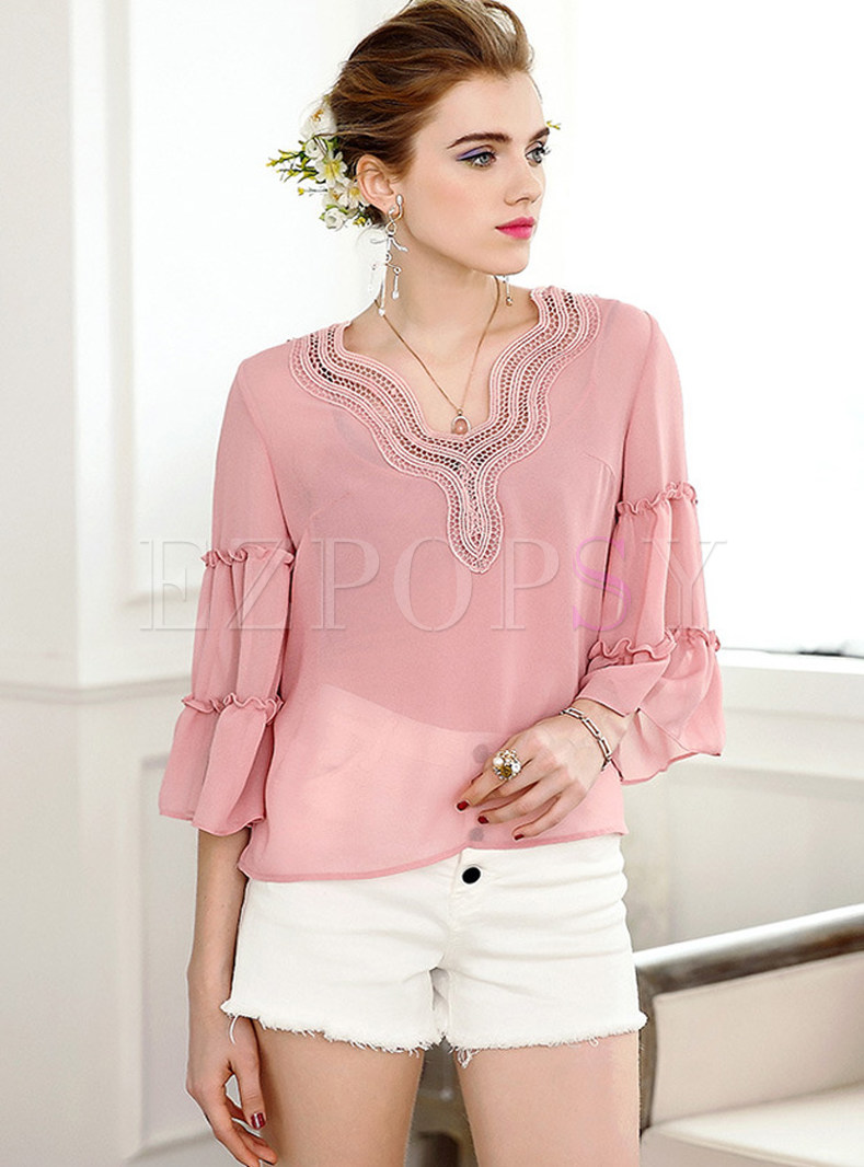 Tops | Blouses | Stylish V-neck See Through Blouse