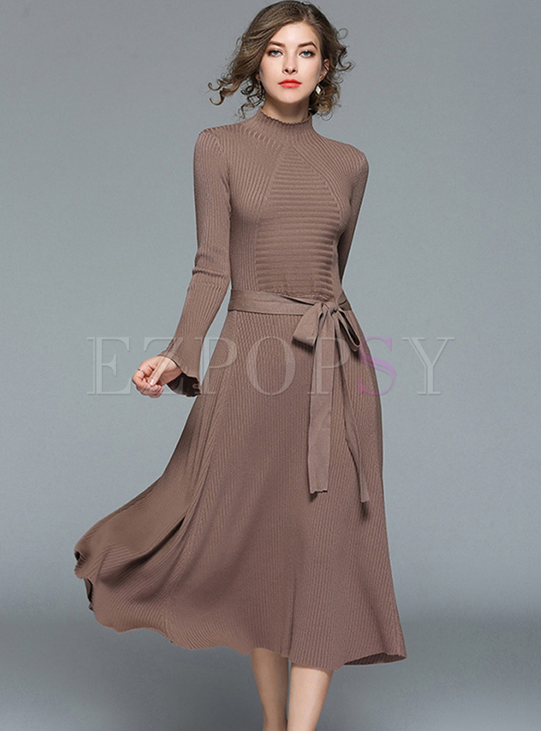 Dresses | Knitted Dresses | Brown Long Sleeve Belted Slim Knitted Dress