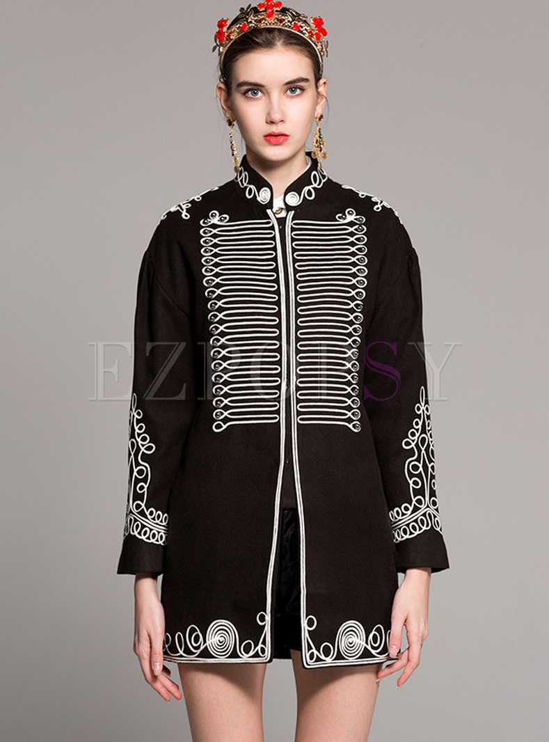 Vintage Stand Collar Embroidery Straight Coat
