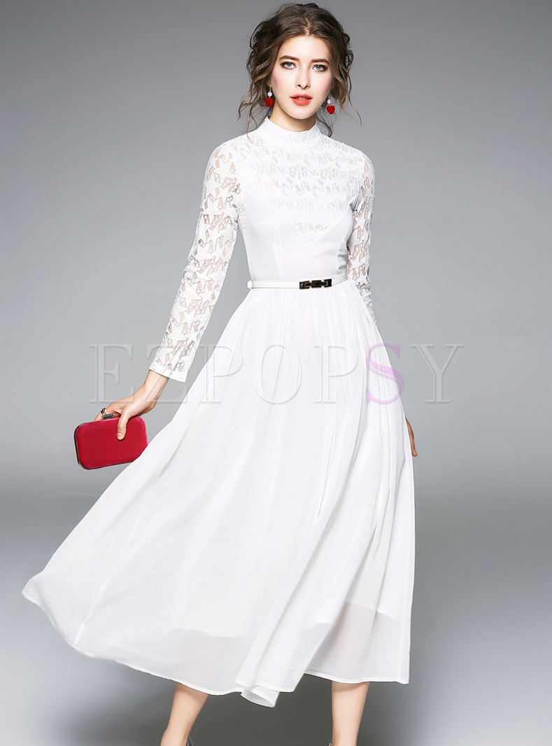 White Elegant Lace Hollow Maxi Dress