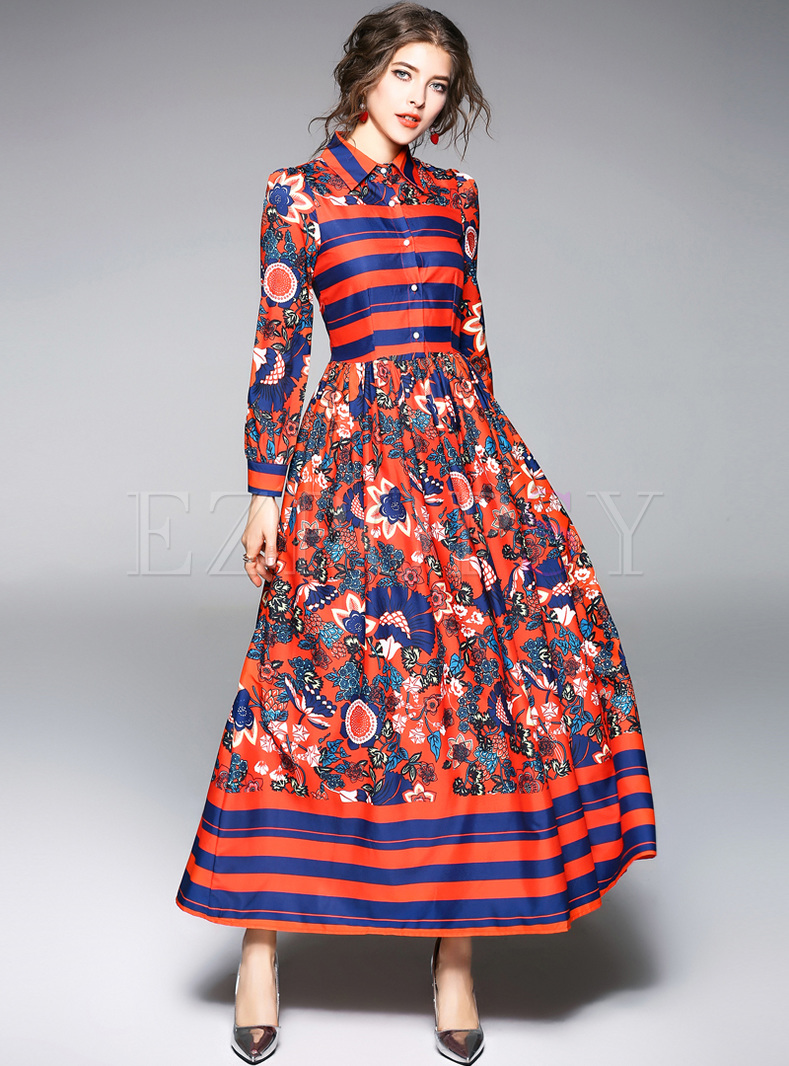 Chic Print Lapel High Waist Maxi Dress
