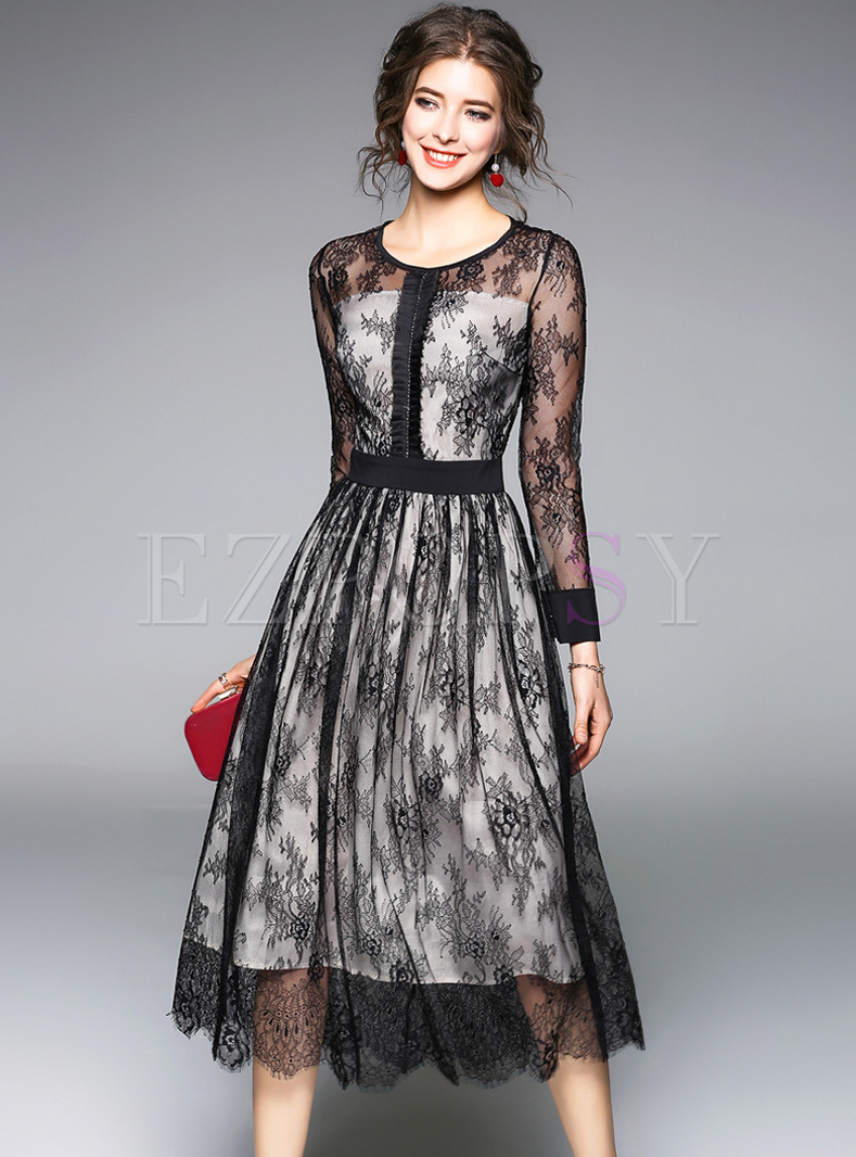 Black Lace Transparent Long Sleeve Skater Dress