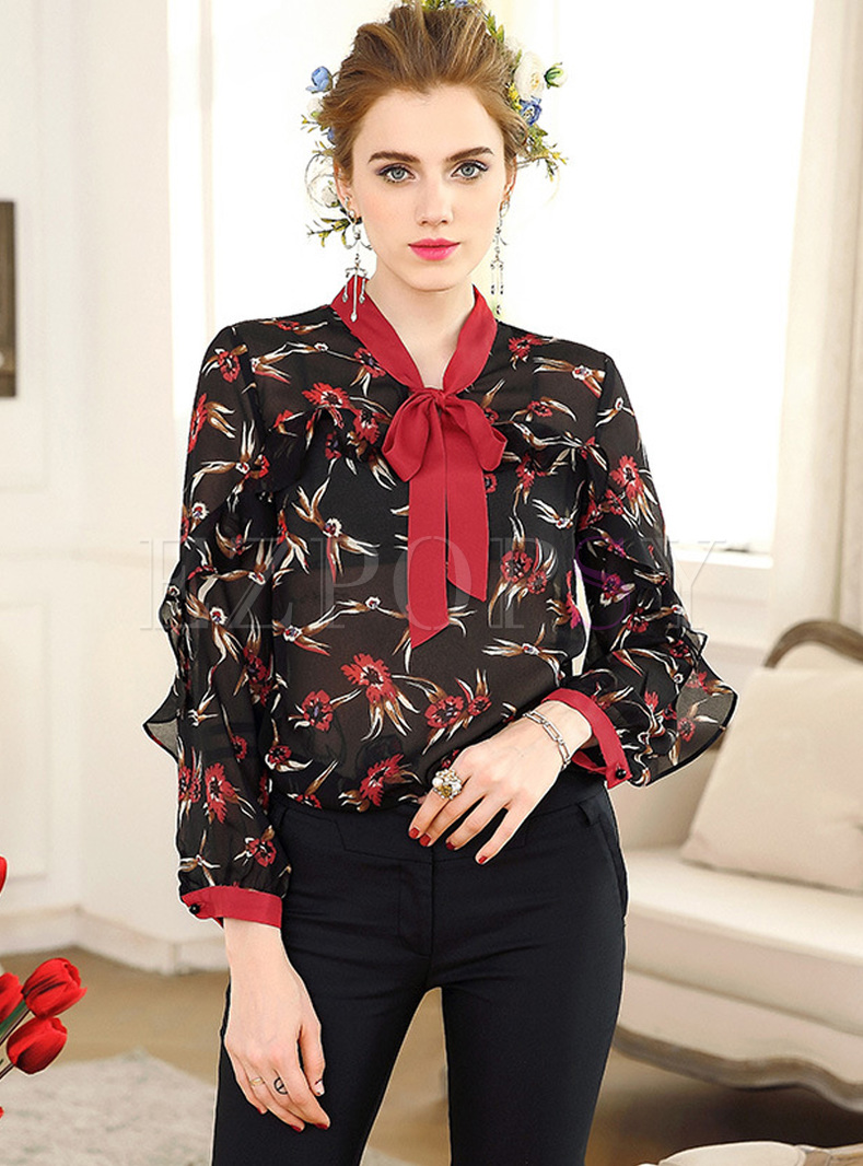Tops | Blouses | Street Tied-collar Floral Print Blouse