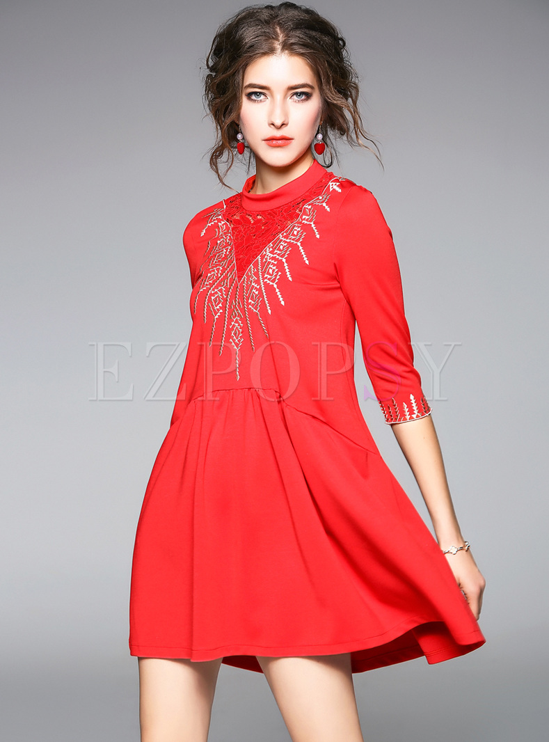 Dresses | Shift Dresses | Red Embroidery O-neck Mini Shift Dress