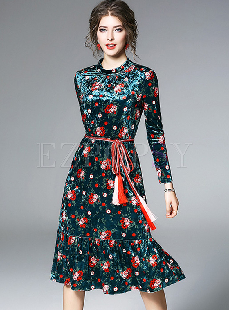 Dresses | Skater Dresses | Vintage Pleuche Flower Print Tassel Belted ...